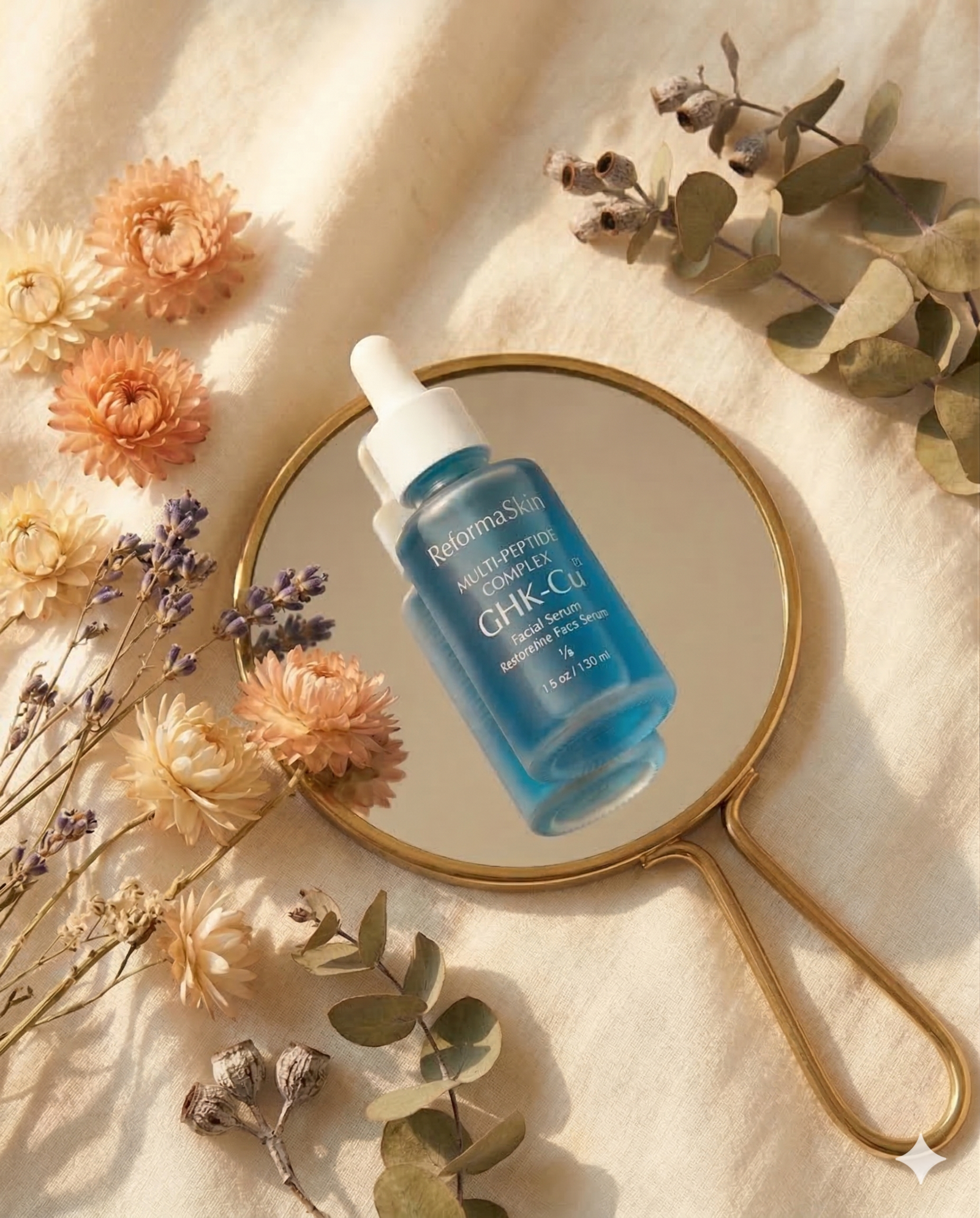 Serum bottle with botanical shadows on cream textile