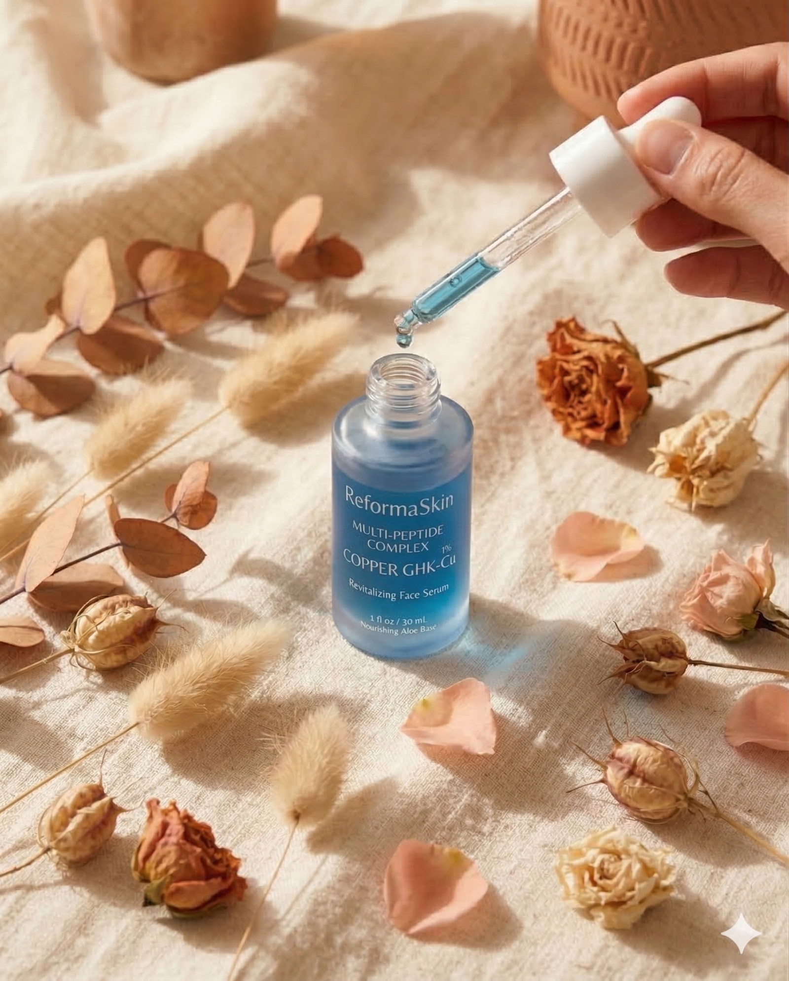 Hands applying serum with dropper